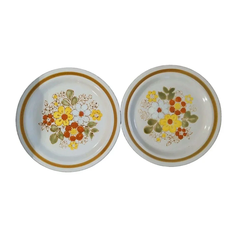 Pebble Stone Dinner Plates Hand Painted 10 3/4 Inch Stoneware Set Of 2 Vintage